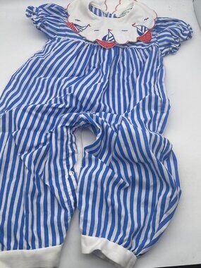 Vintage A Tiny Tots Original Girls 24 Months Blue Striped Sail Boats Romper Y